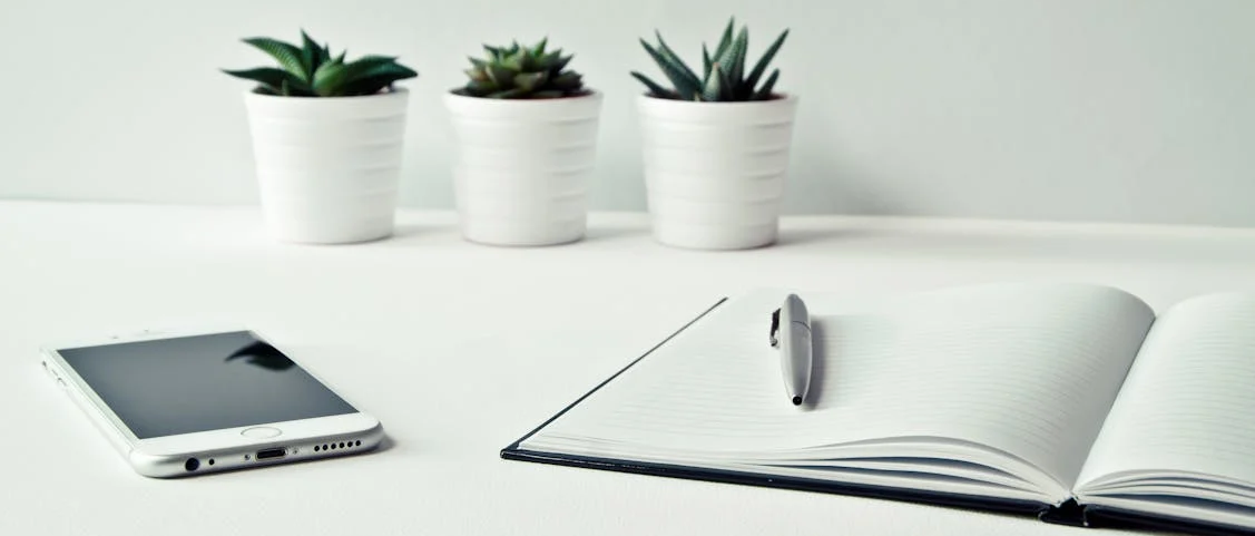 Three White Ceramic Pots With Green Leaf Plants Near Open Notebook With Click Pen on Top.png