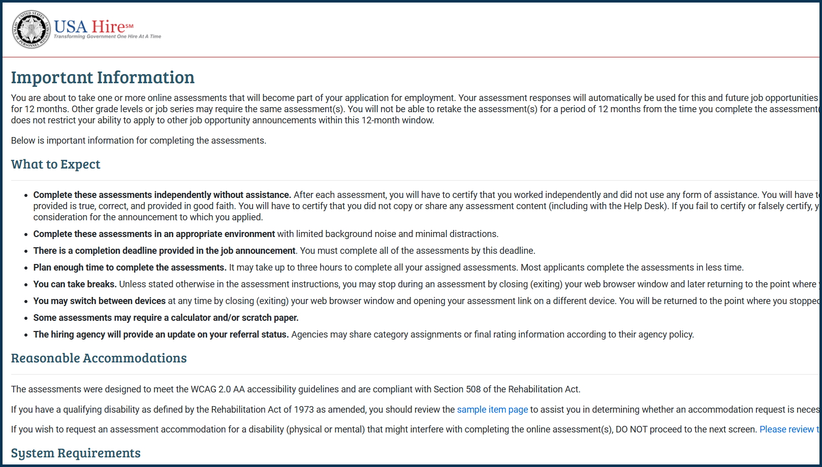 Screenshot of the important information page displayed before an assessment begins