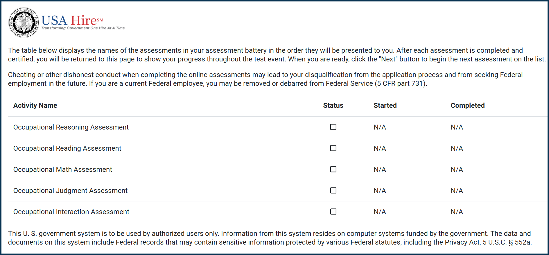 Screenshot of Assessment Activities page
